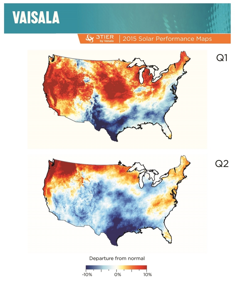 US solar performance maps showing departure from average conditions for global horizontal irradiance.