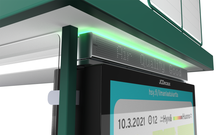 Illustration of a bus stop with air quality display.