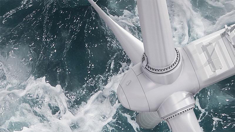Luftbildpanorama einer Offshore-Windkraftanlage in Nahaufnahme