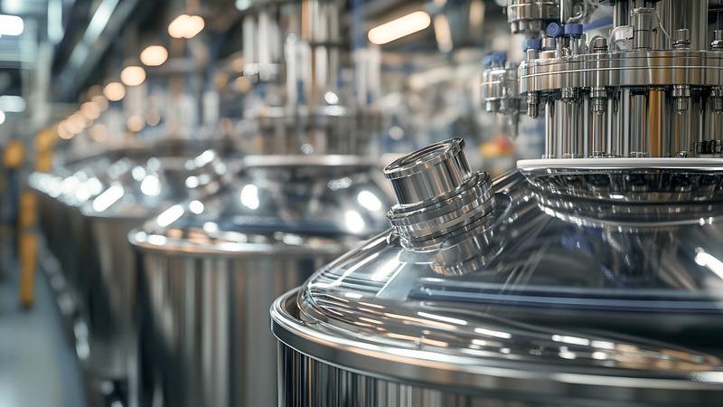 Stainless steel bioreactors in a modern biotech facility.